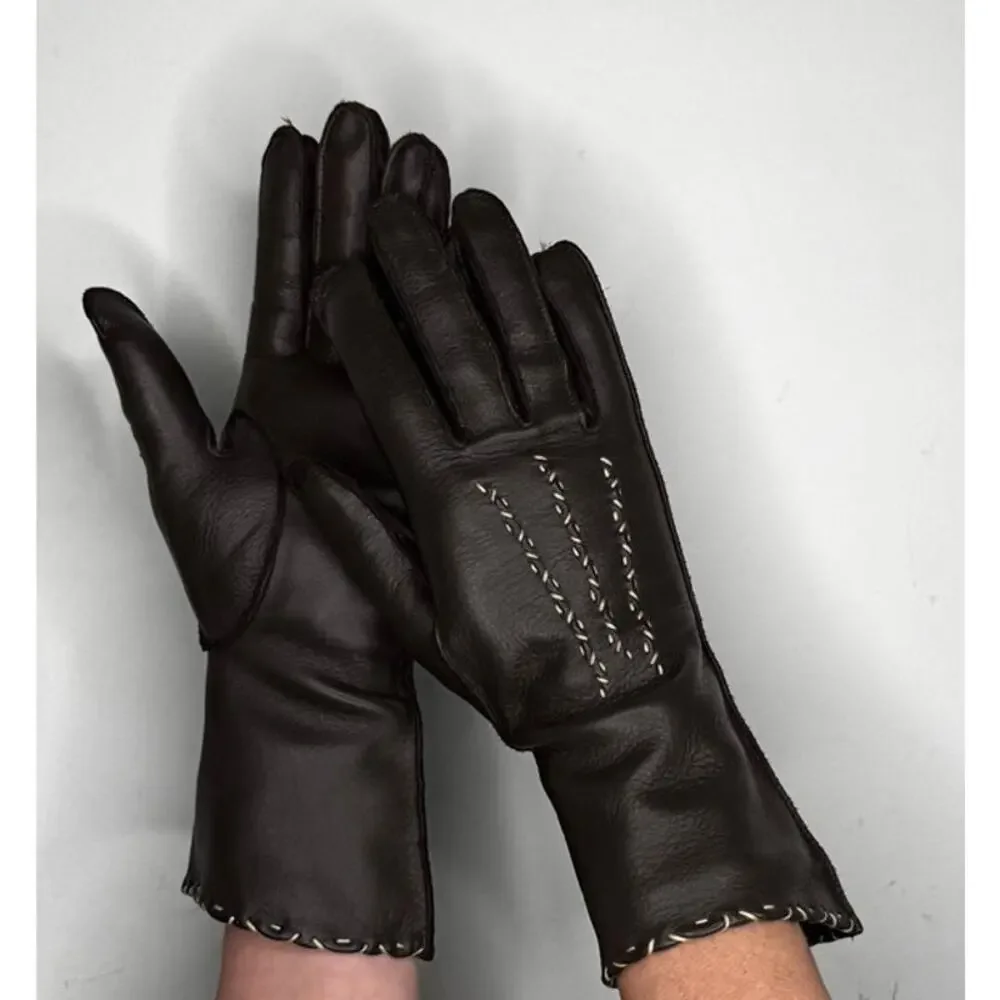 1970s Brown Deerskin Leather Gloves Contrast Whipstitch Size 7